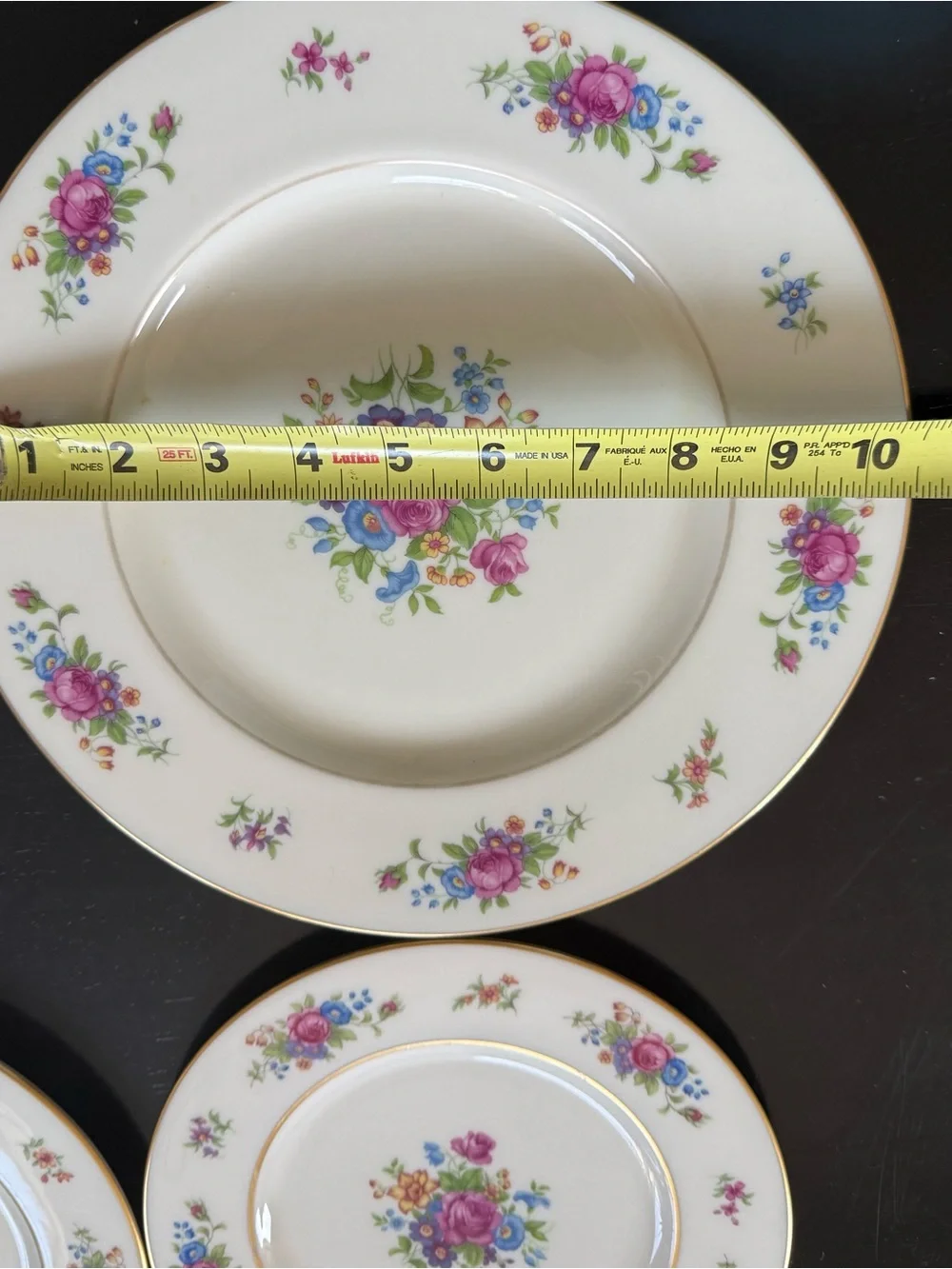 Lenox Floral Rose Bone China Dinner Plates in Pink, Blue and Gold Trim